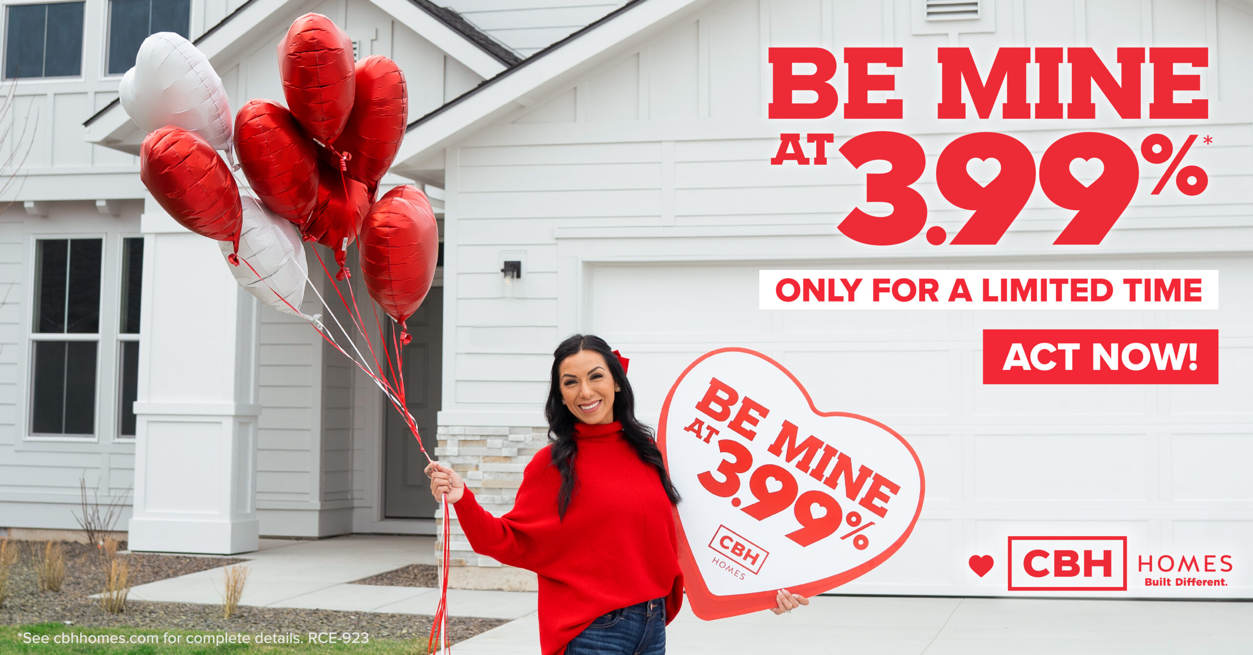 Real estate agent in front of new CBH Homes property holding red and white heart balloons and a sign promoting the 3.99% Be Mine mortgage rate offer – February 2026 limited-time home buying promo.