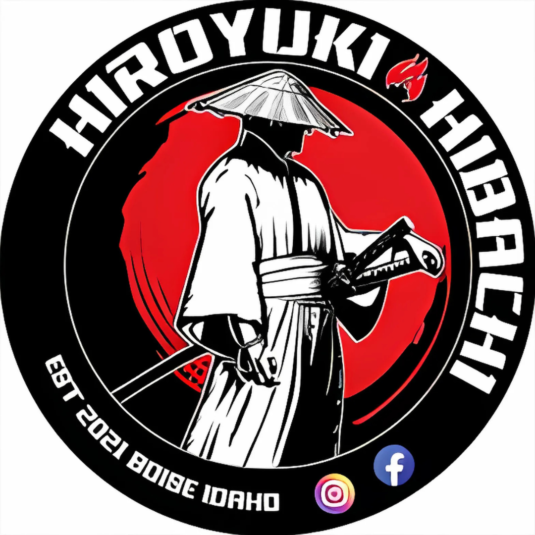Logo for Hiroyuki Hibachi, featuring a black and white illustration of a samurai holding a sword against a red circular background. The text 'HIROYUKI HIBACHI' curves around the top, and 'EST 2021 BOISE IDAHO' is along the bottom, with social media icons for Instagram and Facebook.