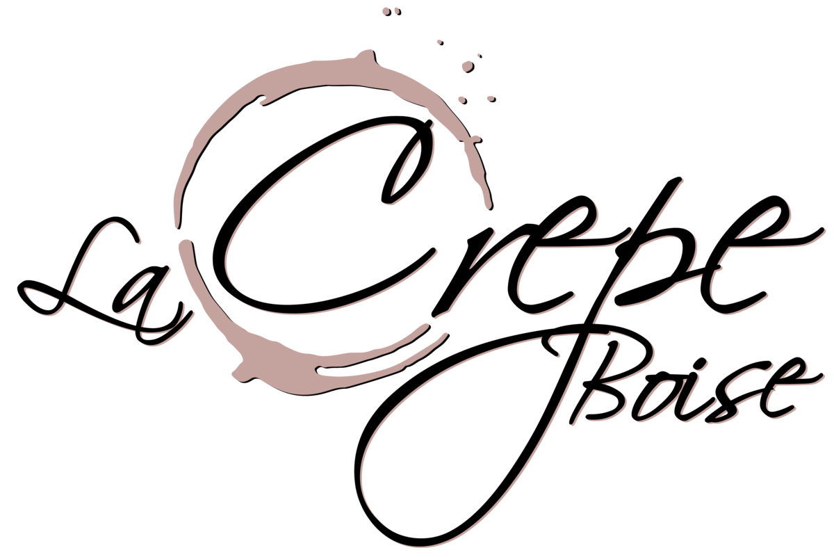 Elegant logo for "La Crêpe Boise" featuring a handwritten script font. The word "Crêpe" is emphasized with a large coffee stain ring encircling the letter "C", adding a casual and artisanal feel. The text is styled in soft brown tones, suggesting warmth and a café ambiance.