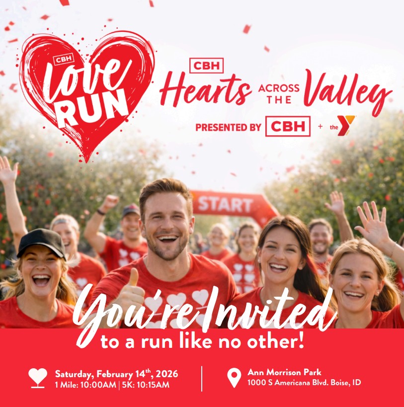 Flyer image for HATV and YMCA's love run. Smiling faces of people running in a 5k.