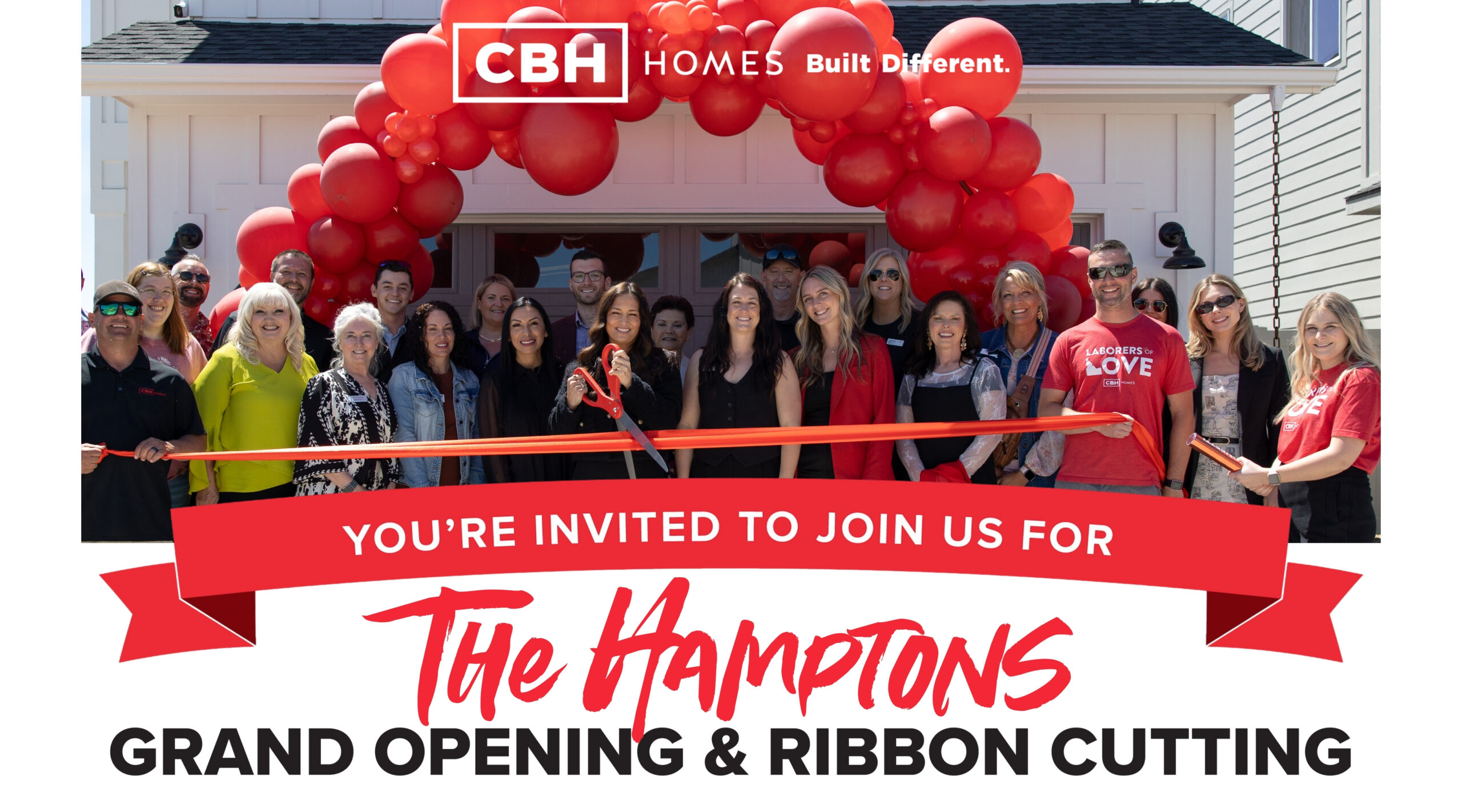 CBH Homes The Hamptons grand opening ribbon cutting ceremony with team and community under red balloon arch at new home community in Idaho